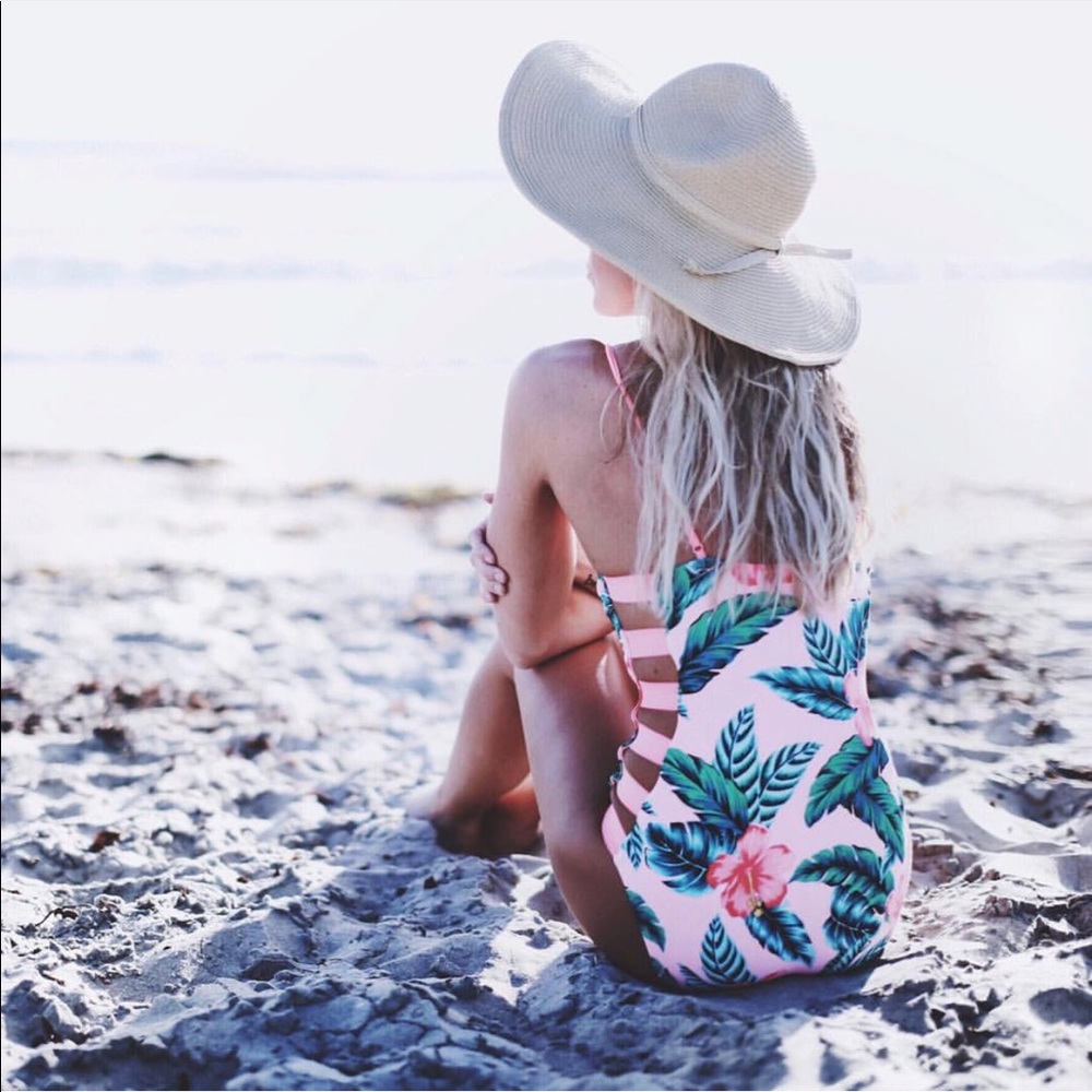 Pink floral one piece bathing suit
